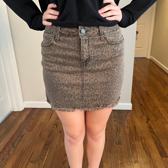 Mudd Bottom Denim Mini Skirt~Brown/Black Leopard Print Pocket Raw Hem Size 9 - Picture 1 of 5